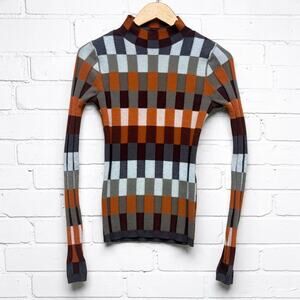 Gilded Intent Retro 70s Checkered Mock Neck Sweater Thumbholes M